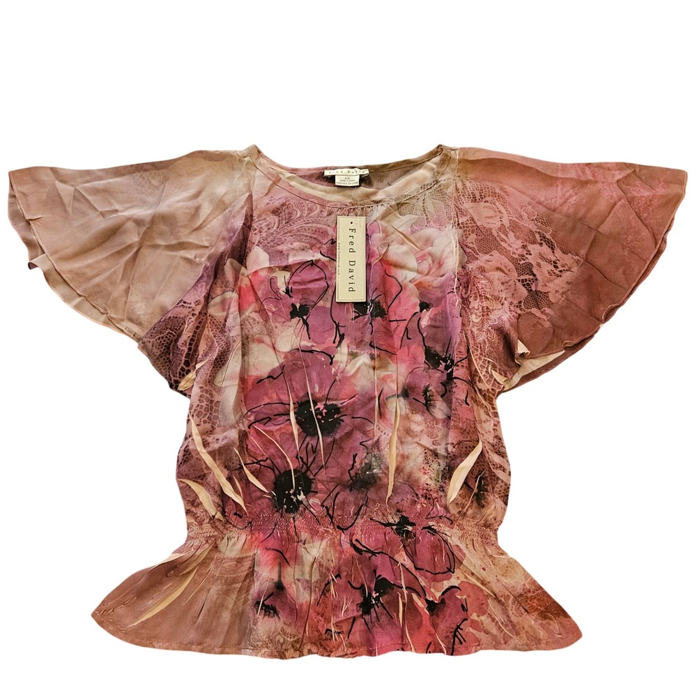Fred David Pink Floral‎ Smocked Waist Blouse Angel Sleeve Top Small NWT